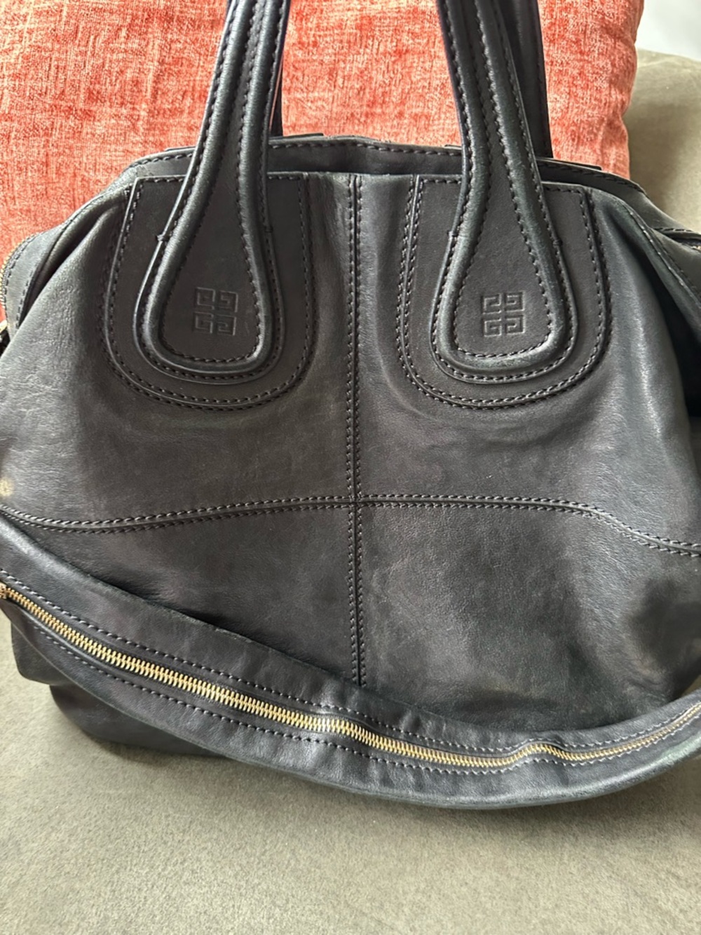 Authentic Givenchy Black Leather nightingale Satchel with Gold-Tone Zip Accent